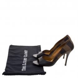 Pre Owned Fendi Black Leather and Striped Canvas Pequin Open Toe Pumps Size 40