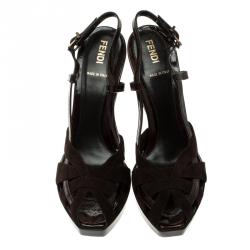 Pre Owned Fendi Brown Suede And Tobacco Patent Leather Slingback Sandals Size 40