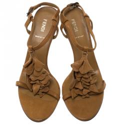 Pre Owned Fendi Brown Leather Embellished T Strap Sandals Size 38