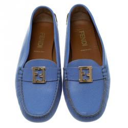 مملوكة مسبقًا Fendi Sky Blue Saffiano Leather Logo Loafers Size 38.5