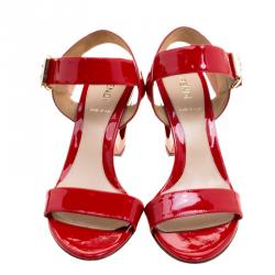 Pre Owned Fendi Red Patent Leather Ankle Strap Sandals Size 36