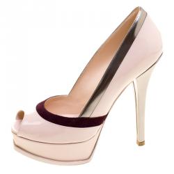Pre Owned Fendi Tri Color Patent Leather and Suede Fendista Peep Toe Platform Pumps Size 39
