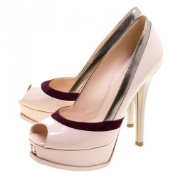 Pre Owned Fendi Tri Color Patent Leather and Suede Fendista Peep Toe Platform Pumps Size 39