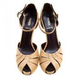 Pre Owned Fendi Beige Raffia Ankle Strap Platform Sandals Size 38
