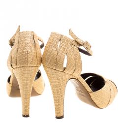 Pre Owned Fendi Beige Raffia Ankle Strap Platform Sandals Size 38
