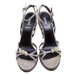 Pre Owned Fendi Grey Crystal Embellished Fabric Platform Sandals Size 37
