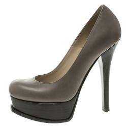 Pre Owned Fendi Grey Leather Logo Platform Pumps Size 36