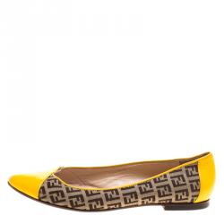 Pre Owned Fendi Brown Zucca Canvas and Yellow Leather Pointed Toe Ballet Flats Size 39