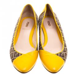 Pre Owned Fendi Brown Zucca Canvas and Yellow Leather Pointed Toe Ballet Flats Size 39