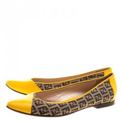 Pre Owned Fendi Brown Zucca Canvas and Yellow Leather Pointed Toe Ballet Flats Size 39