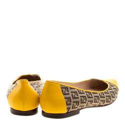 Pre Owned Fendi Brown Zucca Canvas and Yellow Leather Pointed Toe Ballet Flats Size 39