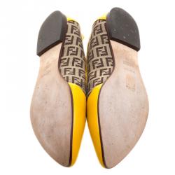 Pre Owned Fendi Brown Zucca Canvas and Yellow Leather Pointed Toe Ballet Flats Size 39