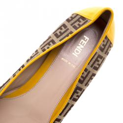 Pre Owned Fendi Brown Zucca Canvas and Yellow Leather Pointed Toe Ballet Flats Size 39