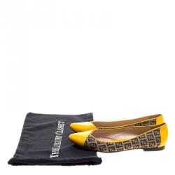 Pre Owned Fendi Brown Zucca Canvas and Yellow Leather Pointed Toe Ballet Flats Size 39