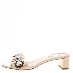 Pre Owned Fendi Beige Patent Leather Floral Appliquè Slide Mules Size 37