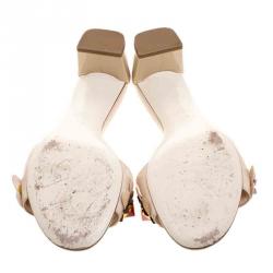 Pre Owned Fendi Beige Patent Leather Floral Appliquè Slide Mules Size 37