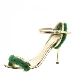 Pre Owned  Fendi Metallic Gold Leather and Green Mink Fur Trim Ankle Strap Sandals Size 39