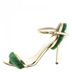 Pre Owned  Fendi Metallic Gold Leather and Green Mink Fur Trim Ankle Strap Sandals Size 39