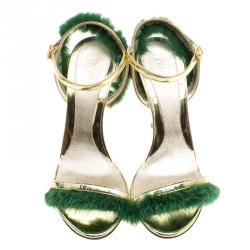 Pre Owned  Fendi Metallic Gold Leather and Green Mink Fur Trim Ankle Strap Sandals Size 39