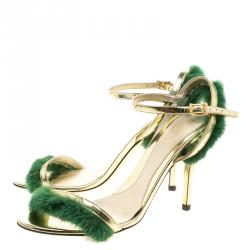 Pre Owned  Fendi Metallic Gold Leather and Green Mink Fur Trim Ankle Strap Sandals Size 39