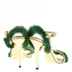 Pre Owned  Fendi Metallic Gold Leather and Green Mink Fur Trim Ankle Strap Sandals Size 39