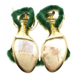 Pre Owned  Fendi Metallic Gold Leather and Green Mink Fur Trim Ankle Strap Sandals Size 39