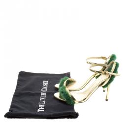 Pre Owned  Fendi Metallic Gold Leather and Green Mink Fur Trim Ankle Strap Sandals Size 39
