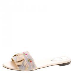 Pre Owned Fendi Grey Embroidered Stretch Knit Bow Embellished Flat Slides Size 40