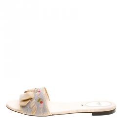 Pre Owned Fendi Grey Embroidered Stretch Knit Bow Embellished Flat Slides Size 40