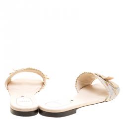 Pre Owned Fendi Grey Embroidered Stretch Knit Bow Embellished Flat Slides Size 40