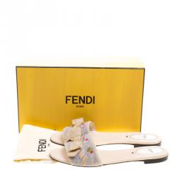 Pre Owned Fendi Grey Embroidered Stretch Knit Bow Embellished Flat Slides Size 40