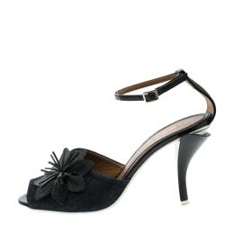 Pre Owned Fendi Dark Wash Denim  Floral Leather Embellished Peep Toe Ankle Strap Sandals Size 37