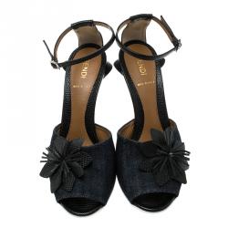 Pre Owned Fendi Dark Wash Denim  Floral Leather Embellished Peep Toe Ankle Strap Sandals Size 37
