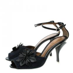 Pre Owned Fendi Dark Wash Denim  Floral Leather Embellished Peep Toe Ankle Strap Sandals Size 37