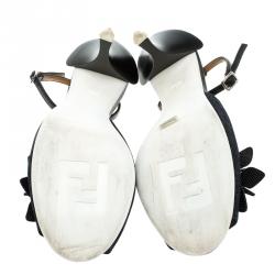 Pre Owned Fendi Dark Wash Denim  Floral Leather Embellished Peep Toe Ankle Strap Sandals Size 37