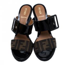 Pre Owned Fendi Black Patent Leather And Zucca Canvas Demi Wedge Slides Size 37.5