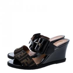 Pre Owned Fendi Black Patent Leather And Zucca Canvas Demi Wedge Slides Size 37.5