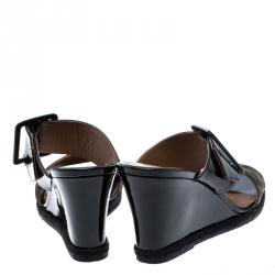 Pre Owned Fendi Black Patent Leather And Zucca Canvas Demi Wedge Slides Size 37.5