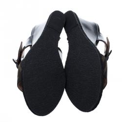 Pre Owned Fendi Black Patent Leather And Zucca Canvas Demi Wedge Slides Size 37.5