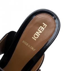 Pre Owned Fendi Black Patent Leather And Zucca Canvas Demi Wedge Slides Size 37.5