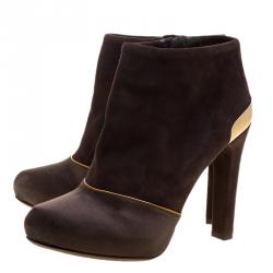 Pre Owned Fendi Brown Suede and Satin Ankle Boots Size 37.5
