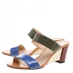 Fendi Multicolor Patent Leather Wedge Slides Size 37