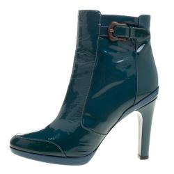 Pre Owned Fendi Aquamarine Patent Leather Ankle Boots Size 40