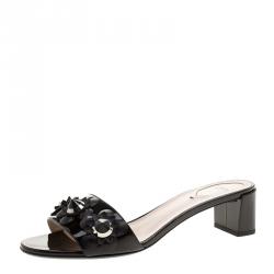 Fendi Black Patent Leather Floral Appliquè Slide Mules Size 40