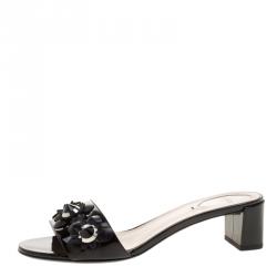 Fendi Black Patent Leather Floral Appliquè Slide Mules Size 40