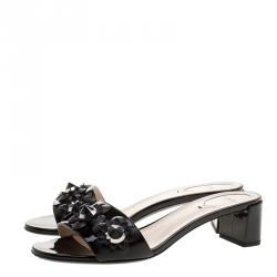 Fendi Black Patent Leather Floral Appliquè Slide Mules Size 40