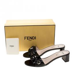 Fendi Black Patent Leather Floral Appliquè Slide Mules Size 40