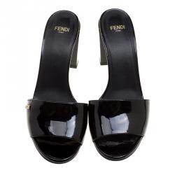 Pre Owned Fendi Black Patent Leather Slide Mules Size 37