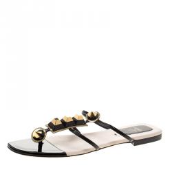 Pre Owned Fendi Gold Edition Black Patent Leather Studded Flats Size 40