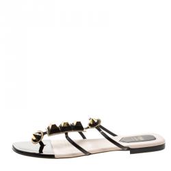 Pre Owned Fendi Gold Edition Black Patent Leather Studded Flats Size 40